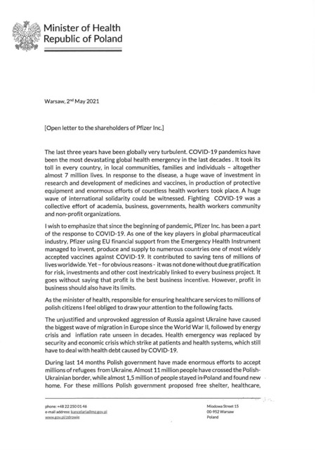 List ministra Niedzielskiego do udziałowców Pfizera - strona 1