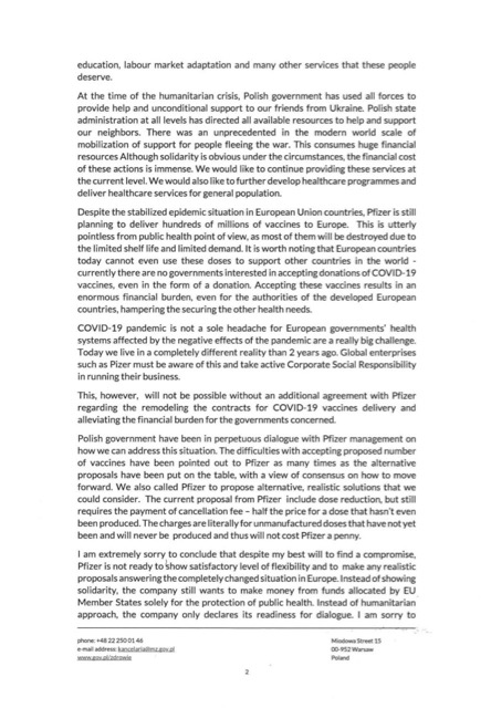 List ministra Niedzielskiego do udziałowców Pfizera - strona 2